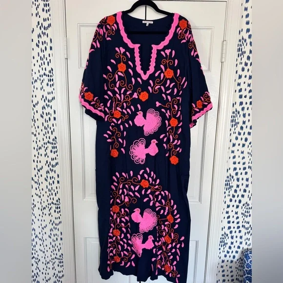 Frances Valentine Navy maxi dress with Pink and red Embroidery- worn once. - Picture 3 of 6